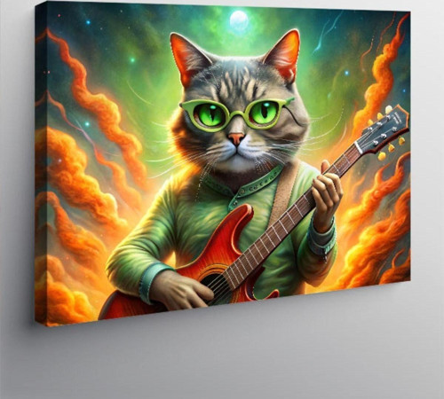 Kanvas Tablo Elektro Gitar Çalan Kedi
