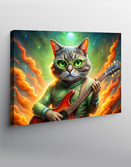 Kanvas Tablo Elektro Gitar Çalan Kedi
