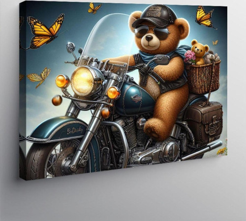 Kanvas Tablo Mavi Chopper Motosiklet Ve Ayıcık