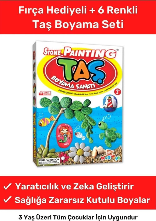 3 Yaş Üstü Çocuklar Için Zeka Geliştirici 6 Renk Akrilik Boyalı Fırçalı Taş Boyama Aktivite Seti