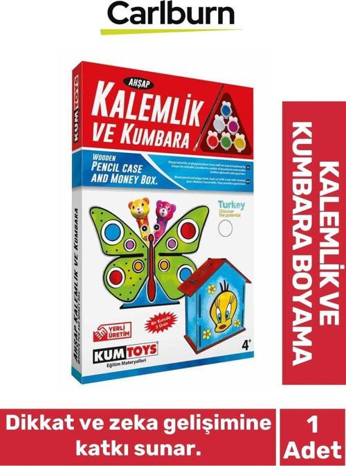 Yeni Üretim 3mm MDF Malzeme 6 Adet Akrilik Boya Fırça Hediyeli Ahşap Kalemlik Kumbara 2'li Seti