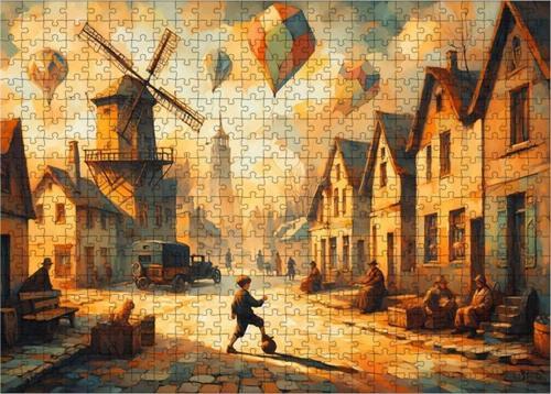 Ahşap Mdf Puzzle Yapboz Kasabada Top Oynayan Çocuk 500 Parça 50*70 Cm