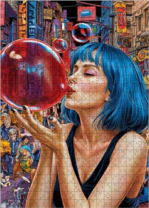 Ahşap Mdf Puzzle Yapboz Kırmızı Sakız Patlatan Mavi Saçlı Kadın 500 Parça 50*70 Cm