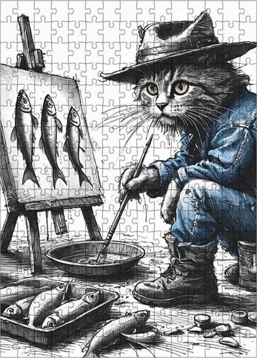 Ahşap Mdf Puzzle Yapboz Balık Resmi Çizen Kedi 255 Parça 35*50 Cm