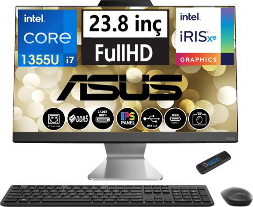 A3402WBAK-I716512B0D Intel I7-1355U 32GB Ddr5 Ram 1tb SSD 23.8 Fhd IPS Freedos All In One Bilgisayar I716512B0D08 + Zetta USB Bellek