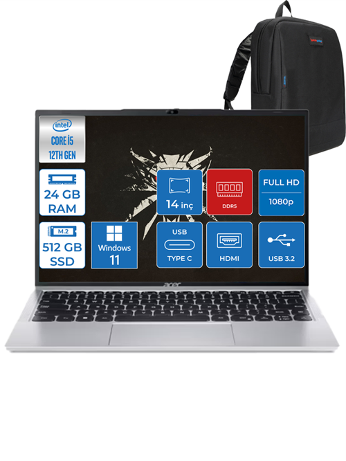 Aspire Lite Intel I5-1235U 24GB Ddr5 512GB SSD UHD Graphics 14'' Fhd W11PRO Gümüş Notebook AL1451MWP05 + Zettaçanta