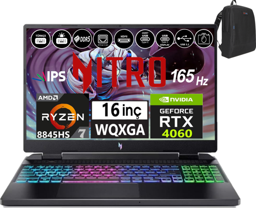 Nitro 16 AN16-42 Amd R7 8845HS Aı 64GB Ddr5 4tb SSD 8GB/RTX4060 WINDOWS11PRO 16" 165Hz Wqxga IPS Taşınabilir Bilgisayar WNHQSKEY00156 + Weblegelsin Çanta