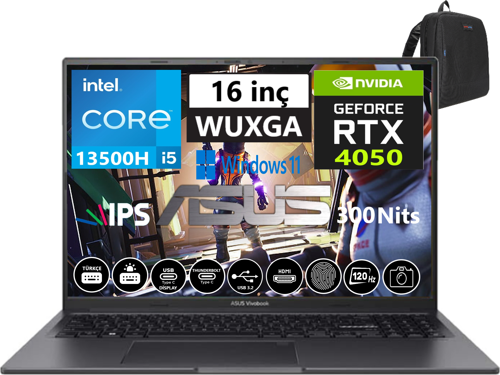 Vivobook 16X 13.nesil Core I5 13500H 16GB Ram 512GB SSD 16 Inç Wuxga 120HZ 6GB/RTX4050 300NIT WINDOWS11PRO Taşınabilir Bilgisayar WK3605VU-N1065W33 + Weblegelsin Çanta