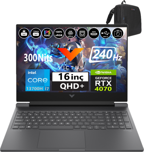 Victus İntel Core i7 13700H 16-R0001NT 48GB Ddr5 512GB SSD 8GB/RTX4070 WINDOWS11HOME 16.1" 240Hz Qhd 3ms 300NİTS Taşınabilir Bilgisayar 77P6E8EA29 + Weblegelsin Çanta