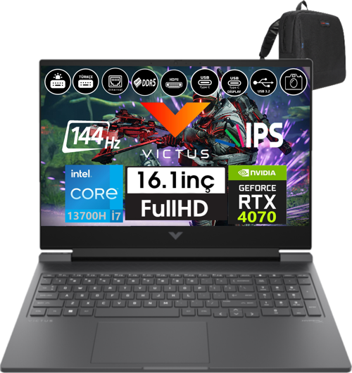 Victus Gaming Laptop 16-R0071NT Intel I7 13700H 64GB Ddr5 1tb SSD 8GB/RTX4070 Freedos 16.1" 144 Hz Fhd IPS Taşınabilir Bilgisayar 88V898EA14 + Weblegelsin Çanta