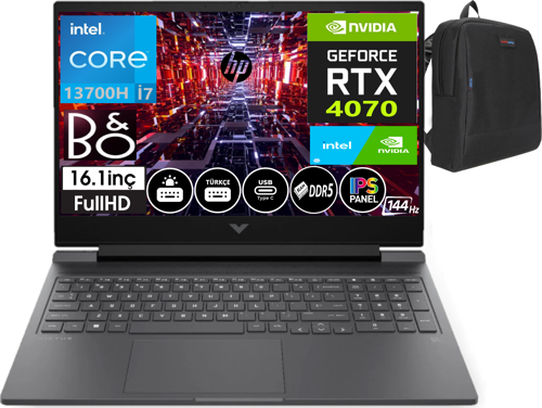 Victus 16-R0072NT Intel Core I7 13700H 32GB Ddr5 Ram 512GB SSD 8gb RTX4070 16.1 Inç 144Hz IPS Fhd WINDOWS11PRO Taşınabilir Bilgisayar 8W8A4EAW22 + Weblegelsin Çanta