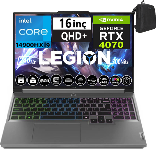 Legion 5 16IRX9 14.nesil Core I9 14900HX 32GB Ddr5 512GB SSD 8GB/RTX4070 140W WINDOWS11HOME 16" Wqxga 240Hz 500NITS IPS Taşınabilir Bilgisayar W83DG00F0TR25 + Weblegelsin Çanta