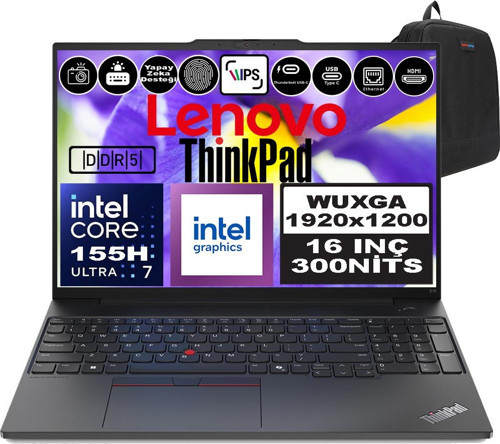 Thinkpad E16 Gen2 Intel Core Ultra 7 155H Ddr5 64GB 512GB SSD Intel® Aı Boost 16" Wuxga IPS Windows 11 Home Taşınabilir Bilgisayar 21MA002UTXH21 + Zetta Çanta