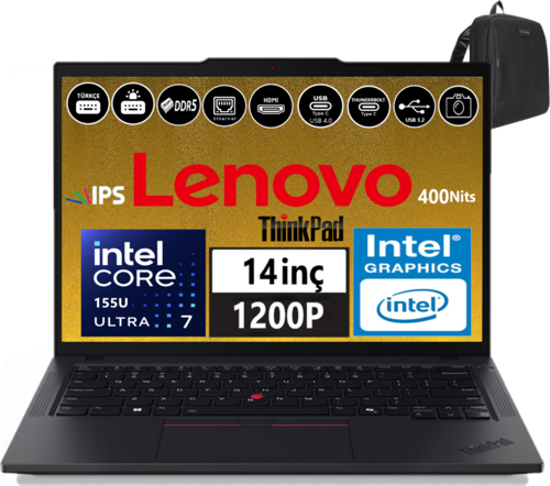 Thinkpad T14 Gen5 Ultra 7 155U 48GB Ddr5 512GB SSD 14" Wuxga 400NİTS IPS Freedos Taşınabilir Bilgisayar W21ML008MTX12 + Zetta Çanta