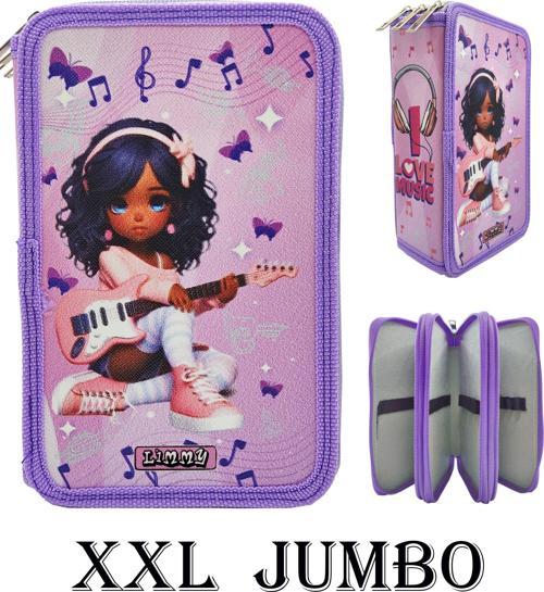 XL Jumbo Model Gitarlı Kız Müzik Kalem Kutusu Organizer Kalemkutu 3 Bölmeli Kalemlik Mor