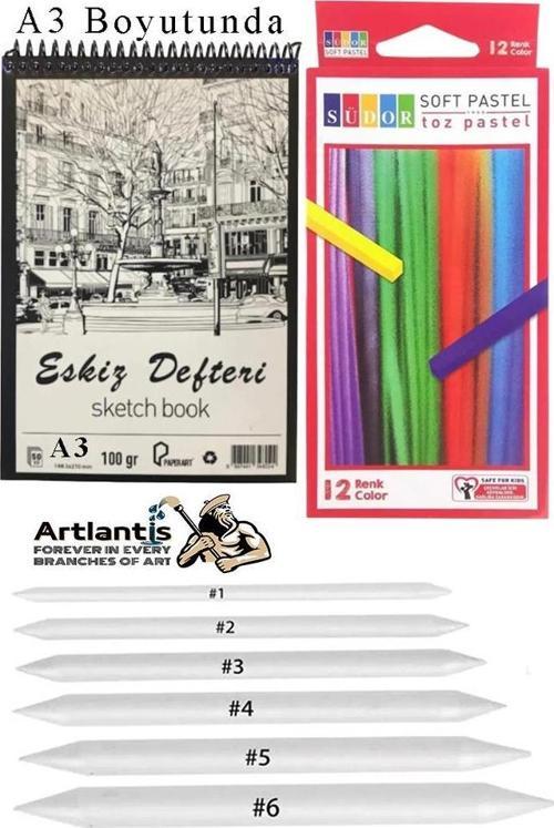 Toz Pastel Boya 12 Renk A3 Eskiz Defteri Pastel Dağıtma Kalemi 1 Paket