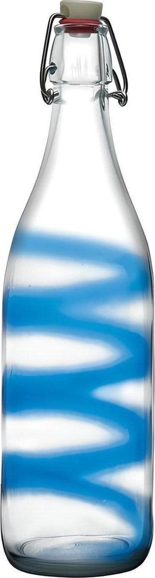 80326 Basic Kapaklı Cam Şişe 1 Lt Mavi Desenli