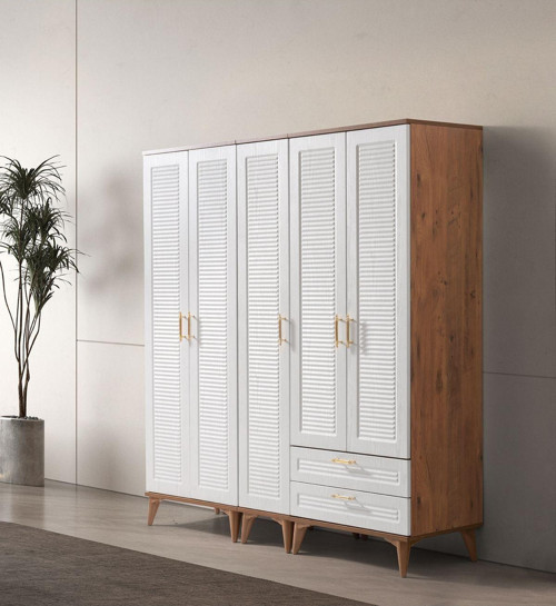 Avm 24 Saka Gardırop 5 Kapak Çekmeceli Ceviz - Beyaz Mdf Kapak 175 x 47 x 185