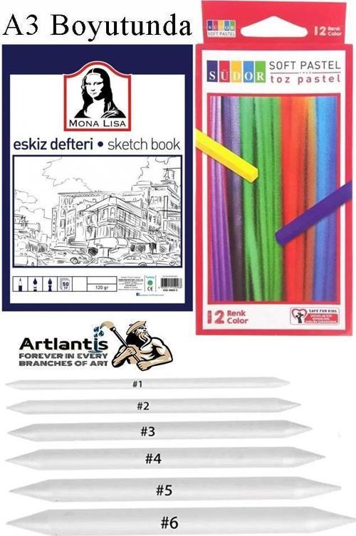 Toz Pastel Boya 12 Renk A3 Monalisa Eskiz Defteri Pastel Dağıtma Kalemi 1 Paket Toz Soft Pastel Boya 12li Yumuşak Pastel