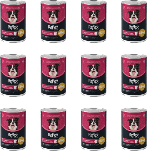 Sos İçinde Et Parçacıklı Kuzu Etli ve Tatlı Patatesli Yetişkin Köpek Konservesi 400 Gr (12 Adet)