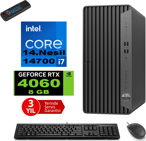 Elite Tower 800 G9 Intel Core I7 14700 64GB Ddr5 2tb HDD + 1tb SSD M.2 Nvme Geforce RTX4060 8gb Windows 11 Pro Masaüstü Bilgisayar 999Z5ET16 + Zetta Flash Bellek