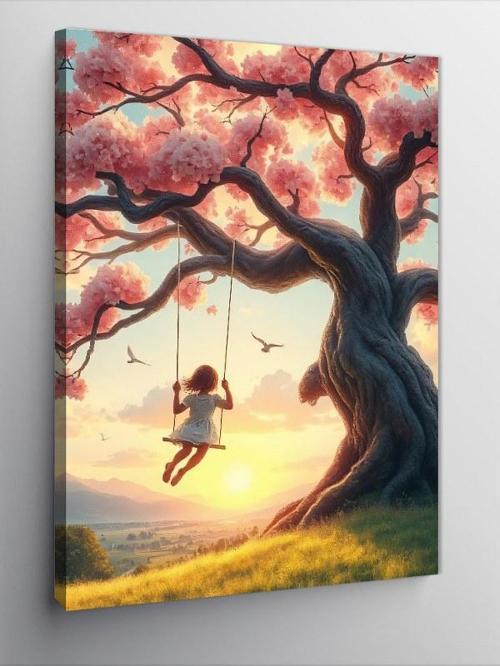 Kanvas Tablo Pembe Çiçekli Ağaç Ve Salıncak
