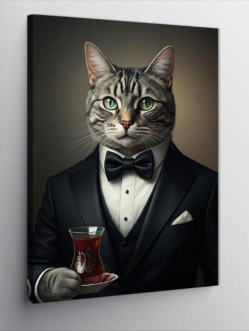 Kanvas Tablo Çay Tutan Şık Kedi