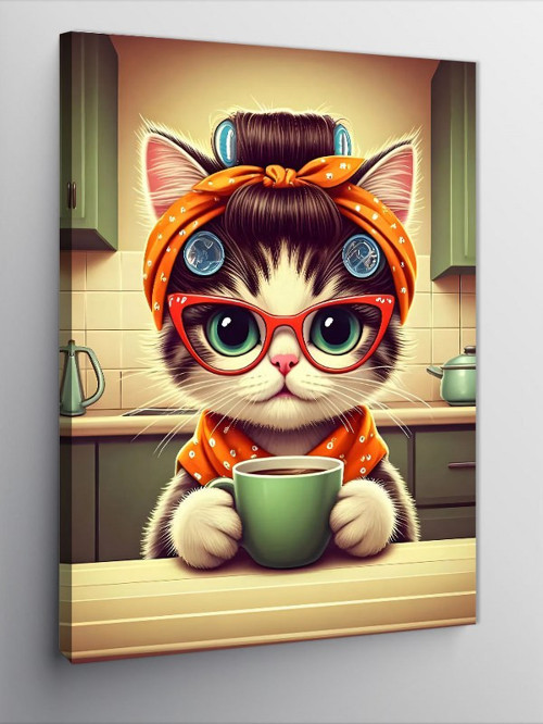 Kanvas Tablo Kahve Keyfi Yapan Kedi
