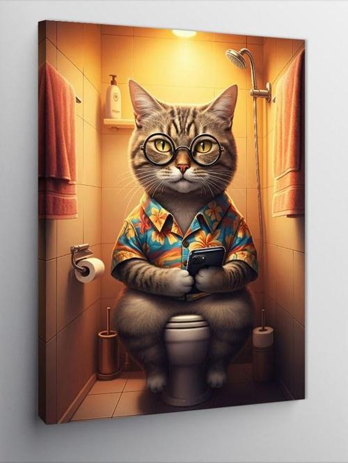 Kanvas Tablo Tuvalette Keyf Yapan Kedi
