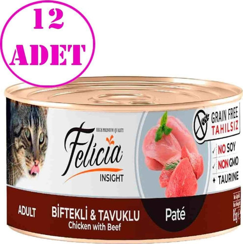 Tahılsız Biftekli Tavuklu Kıyılmış Yaş Kedi Maması 85 Gr 12 AD