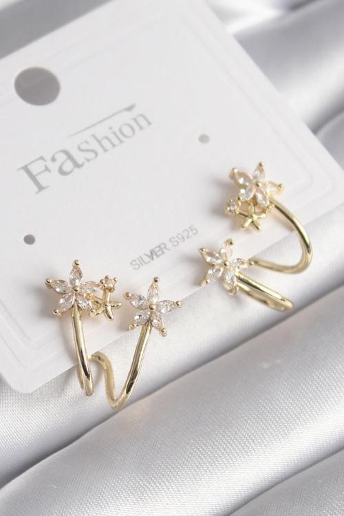 Gold Renk Zirkon Taşlı Çiçek Model Kadın Küpe - EBJ241130W29702