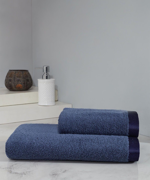 Silky Touch Stripe Edge Lacivert 2'li Banyo Havlu Seti
