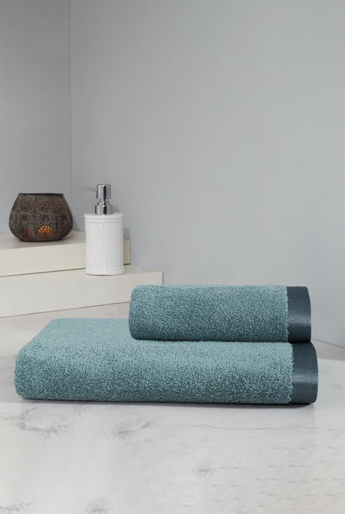Silky Touch Stripe Edge Petrol Yeşili 2'li Banyo Havlu Seti
