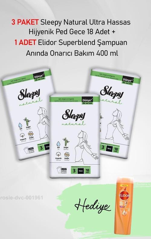 Natural Hijyenik Ped Gece 18 Adet  X 3 ve Elidor Onarıcı Bakım 400 ml