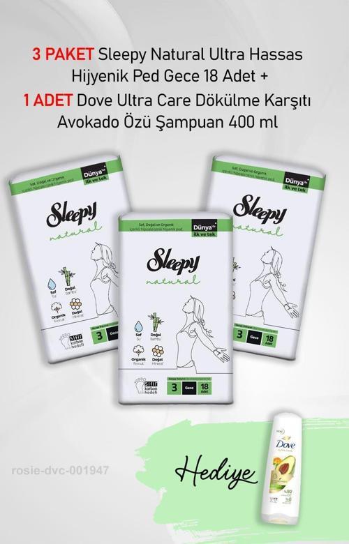 Natural Hijyenik Ped Gece 18 Adet  X 3 ve Hediye Dove Avokado Özü 400 ml
