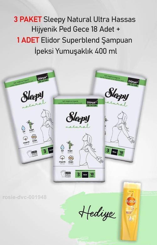 Natural Hijyenik Ped Gece 18 Adet  X 3 ve Hediye Elidor İpeksi Yumuşaklık 400 ml