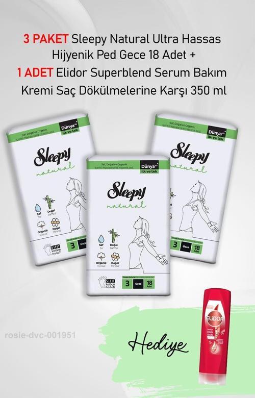 Natural Hijyenik Ped Gece 18 Adet  X 3 ve Hediye Elidor Keratin Terapisi 350 ml