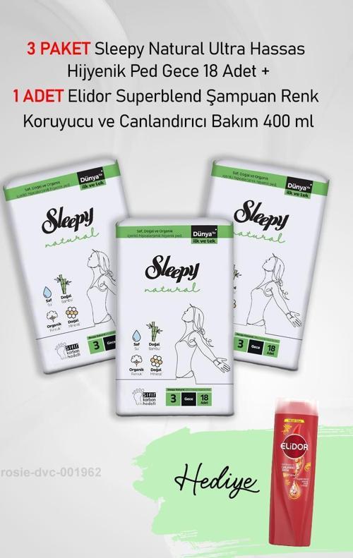 Natural Hijyenik Ped Gece 18 Adet X 3 ve Hediye Elidor Koruyucu ve Canlandırıcı Bakım 400 ml