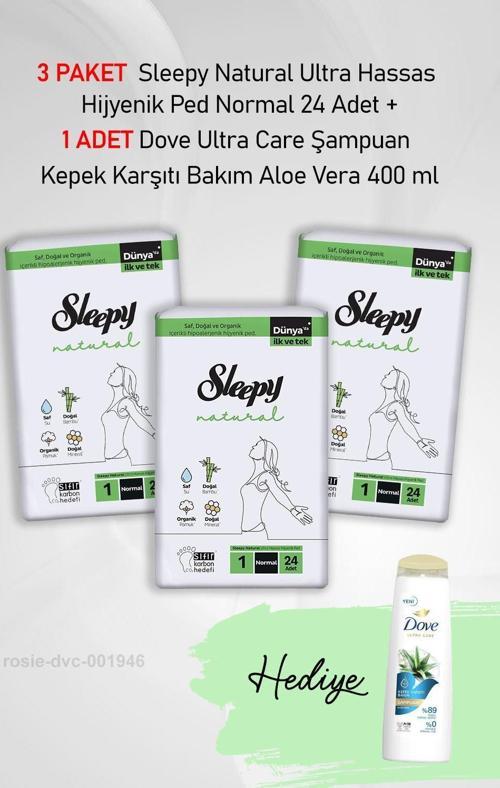 Natural Hijyenik Ped Normal 24 Adet X3 ve Hediye Dove Aloe Vera 400 ml
