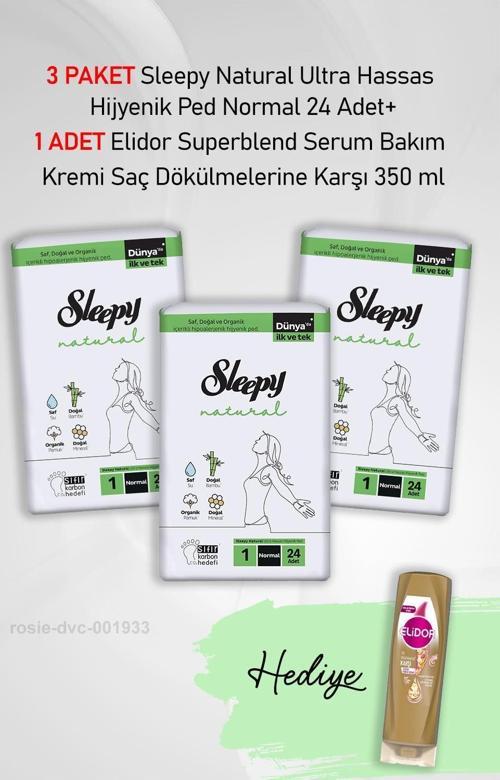 Natural Hijyenik Ped Normal 24 Adet X3 ve Hediye Elidor 350 ml