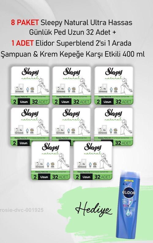 Natural Ultra Hassas Günlük Ped Uzun 32 Adet X8 ve Hediye Elidor 2'si 1 Arada 400 ml