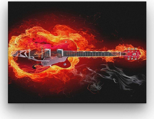 Alevli Gitar Kalın Çerçeveli Ahşap Duvar Tablosu 42X52 Cm