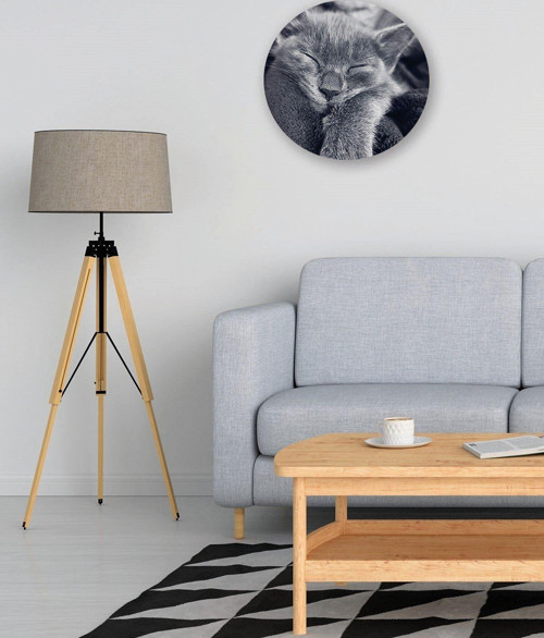 Gri Kedi Temalı Yuvarlak Tasarım Mdf Tablo