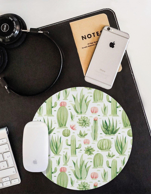 Kaktüs Desenli Yuvarlak Kaymaz Taban Mouse Pad