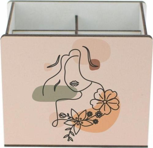 Minimal Tasarım Çiçek Desenli Masaüstü Bölmeli Ahşap Kalemlik