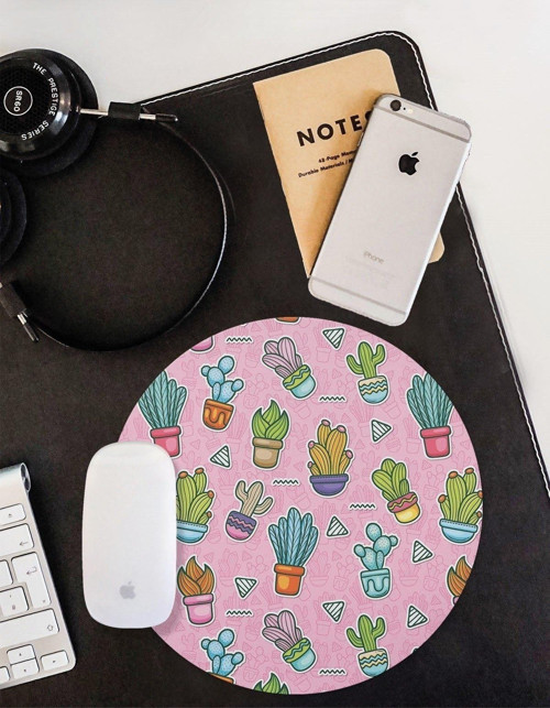 Kaktüs Desenli Yuvarlak Kaymaz Taban Mouse Pad