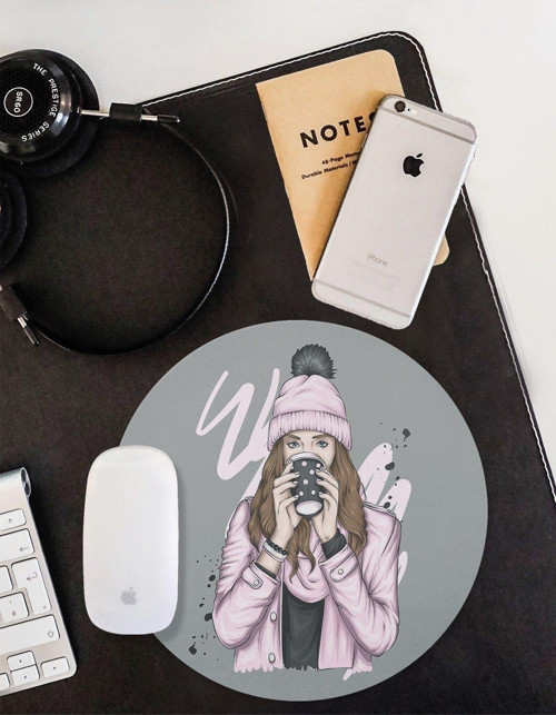 Coffe Lover Pembe Kadın Yuvarlak Mouse Pad