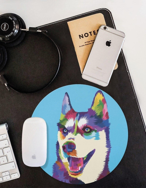 Ilustrasyon Sibirya Kurdu Köpek Temalı Yuvarlak Mouse Pad