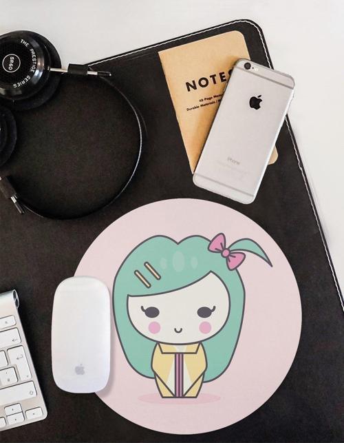 Kimonolu Japon Bebek Yuvarlak Kaymaz Taban Mouse Pad