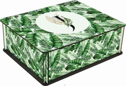 Tropik Yaprak Desenli J Harfli 6 Bölmeli Ahşap Çay Kahve Saklama Kutusu